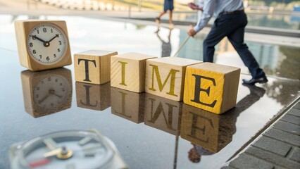 Wooden blocks spell time near a clock showcasing the importance of time management and business urgency for career success in the workplace.