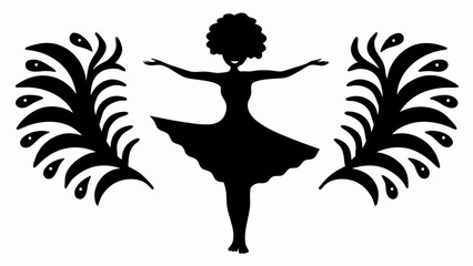 Silhouette of a woman in a dress dancing between two floral arrangements in black and white style