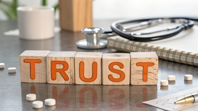 The word trust spelled out with wooden blocks in a healthcare setting concept of healthcare trust and medical confidentiality