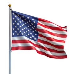 Fototapeta premium The american flag waving on a flagpole, isolated on transparent background
