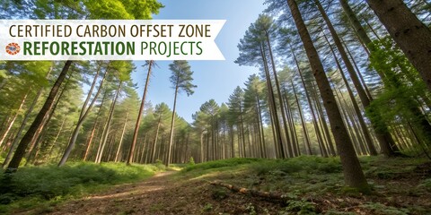 Wide-angle perspective shot of a majestic reforestation project landscape with tall trees and lush green vegetation under a clear blue sky.