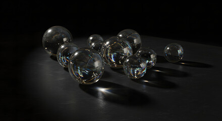 Crystal balls glass spheres reflections light and shadow dark background still life abstract art design