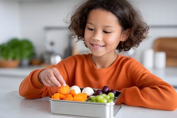Child opens bento lunchbox filled with healthy snacks Generative AI