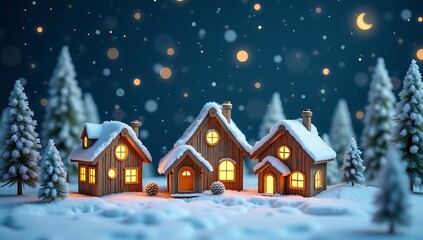 Fototapeta premium Toy village with snow-covered cottages, warm lit windows, and background bokeh resembling a cozy winter night celebration. 