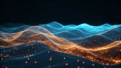 Abstract glowing particle waves in blue and gold on dark background