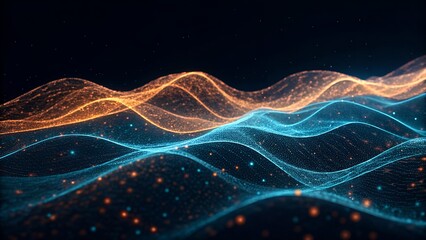 Obraz premium Abstract wavy lines background with glowing particles in orange and blue colors,representing data flow and futuristic technology