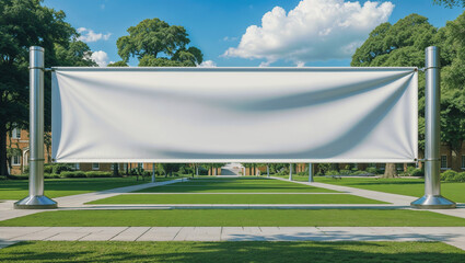 blank sale banner on university lawn for educational advertising, event promotions, and institutional marketing