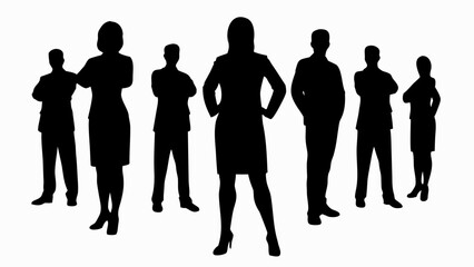 Silhouette of a business team with a woman in front standing confidently with hands on her hips