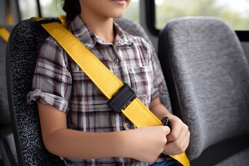 Child buckling a safety belt in a school bus Generative AI