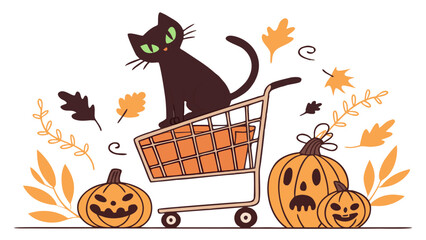 A festive black cat sits atop a shopping cart surrounded by carved pumpkins and autumn leaves embodying the spirit of halloween shopping and seasonal decorations