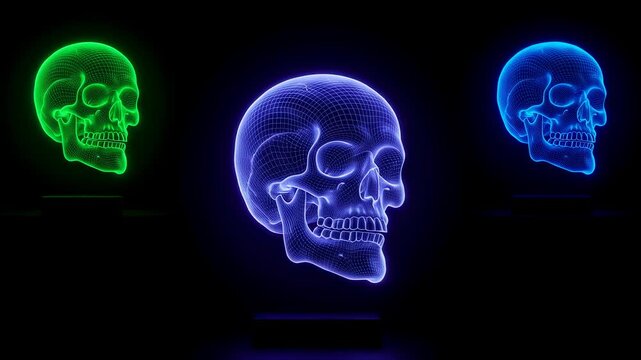 Three colorful glowing skull holograms with futuristic wireframe design for Halloween, medicine, technology footage.