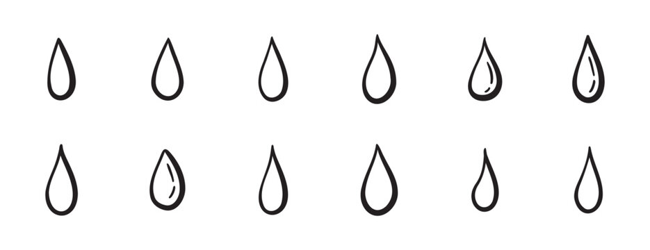 Doodle water drops hand drawn outline different shapes. sketch vector illustration of droplets. Outline tears