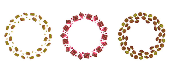 Set of round dessert frames with chocolate candies, pistachio filling and raspberry glaze bars. Vector hand drawn illustration for packaging design, sweet decor isolated on white with copy space
