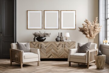 Beige, wood, and gray living room