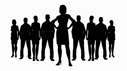 Silhouette of a woman in front of a group of people standing together in a leadership position