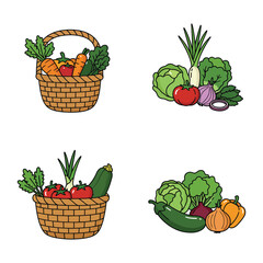 Assortment of Fresh Vegetables in Baskets and Piles Cartoon Illustration