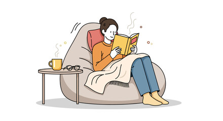 Cozy illustration of a woman enjoying a book and a warm beverage while relaxing in a beanbag chair under a blanket.