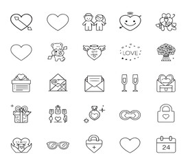 Romantic and Valentine line icon set. Vector pictograms of hearts, gifts, and love symbol, teddy bear, cupid, flower bouquet, engagement ring, chocolate candy, thin linear illustration