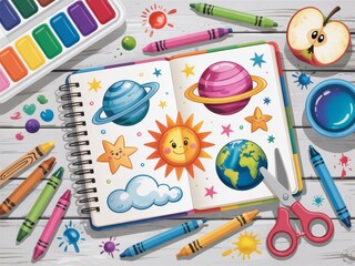 Fototapeta premium A Charming Flat Lay of a Child's Sketchbook with Cute Planet Drawings and Art Supplies