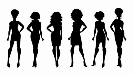 Silhouettes of diverse women in dresses with varying hairstyles standing confidently together fashionably