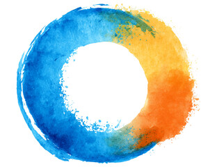 A colorful watercolor circle with blue and orange blending isolated on transparent background