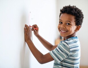 Dominican boy drawing on the wall with crayons while looking over his shoulder, candid mischief, real-life family moment