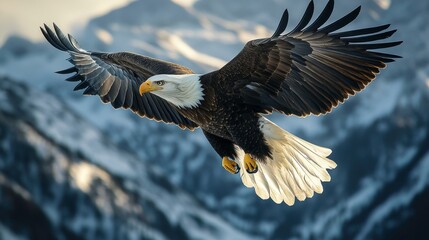 Obraz premium Majestic Bald Eagle Soaring Against Mountainous Landscape