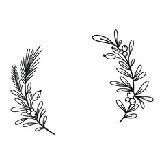 Merry Christmas border with fir branches, twigs, holly leaves and berries. Holiday circle wreath vector illustration. Nature design greeting card template. Winter xmas decoration.