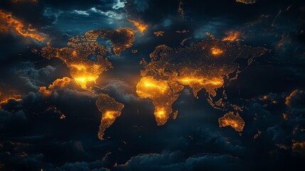 Obraz premium Global Map with Illuminated Cities Against Stormy Cloudy Sky