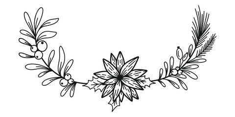 Fototapeta premium Merry Christmas border with mistletoe, fir branches, twigs, holly leaves and berries. Holiday vector illustration. Nature design greeting card template. Winter xmas decoration.