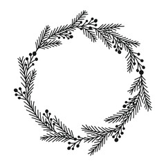 Merry Christmas wreath with fir branches, twigs, holly berries. Holiday circle frame vector illustration. Nature design greeting card template. Winter xmas decoration.