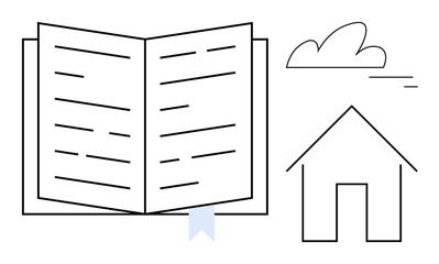 Open book with bookmark beside a simple house and cloud. Ideal for education, learning, reading, minimalism, creativity, storytelling, knowledge. Perfect for simple landing page