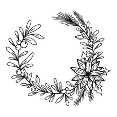 Merry Christmas wreath with fir branches, mistletoe, holly leaves and berries. Holiday circle frame vector illustration. Nature design greeting card template. Winter xmas decoration.