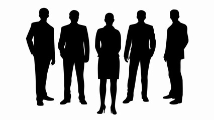 A silhouette of five business people standing together in formal wear against a white background