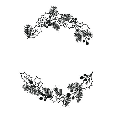 Merry Christmas wreath with fir branches, twigs, holly leaves and berries. Holiday circle frame vector illustration. Nature design greeting card template. Winter xmas decoration.