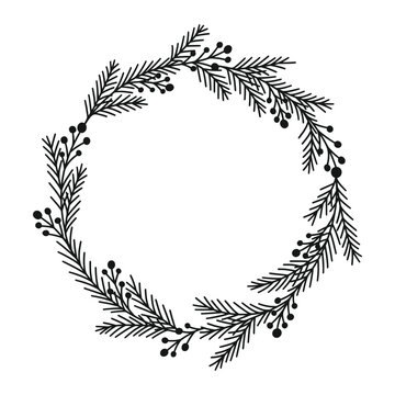 Merry Christmas wreath with fir branches, twigs, holly berries. Holiday circle frame vector illustration. Nature design greeting card template. Winter xmas decoration.
