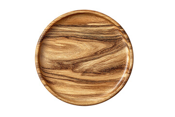 An acacia wood plate with a swirling grain pattern isolated on transparent background