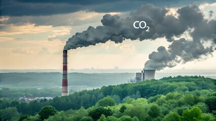 Factory smoke emissions with co2 symbol rising over a lush green forest landscape evoking environmental concerns and climate change