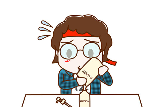 （上半身正面）名前の無い家事・シャンプーが無くなったので詰め替えをボトルに注ぐメガネをかけたオタク