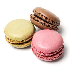 Small colorful tasty sweet original classic macaroons cakes isolated on white studio background