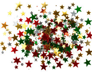 Multicolored Christmas Sparkle Confetti with Star and Dot Shapes, scattered layout, isolated transparent background png