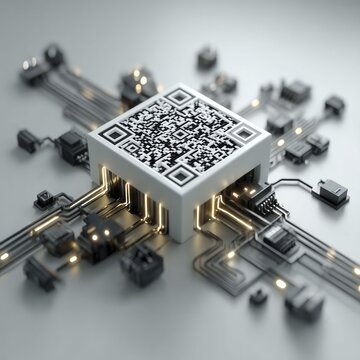 Futuristic QR Code Cube Integrated into Digital Circuit Board