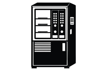Black and White Illustration of a Vending Machine with Shelves and Buttons