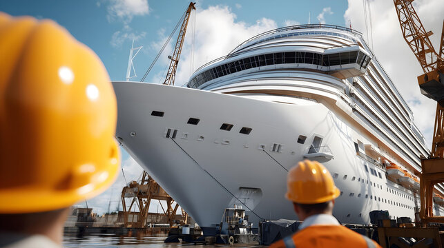 wide shot of dry dock with luxury cruise ship under construction, cranes and engineers in frame