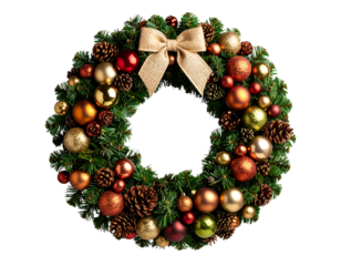 Rustic Bauble Wreath with Mixed Ornaments and Pine Accents, angled front view, isolated transparent background png