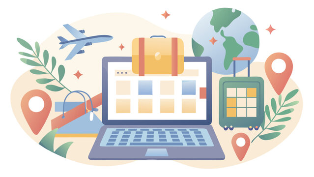 Illustration of travel planning with laptop, suitcase, airplane, globe and location icons
