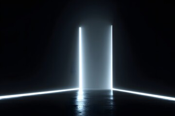 Black background with white neon light, dark room with two glowing lights on the sides, abstract futuristic background for product presentation in high resolution