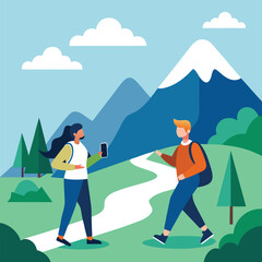 Fototapeta premium Hiking therapy in a mountainous landscape with counselor guidance