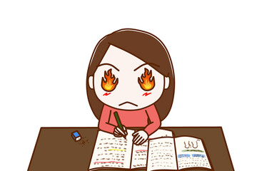 （上半身正面）目から炎を出して気合を入勉強を頑張る女性