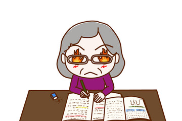 （上半身正面）目から炎を出して気合を入勉強を頑張る高齢の女性